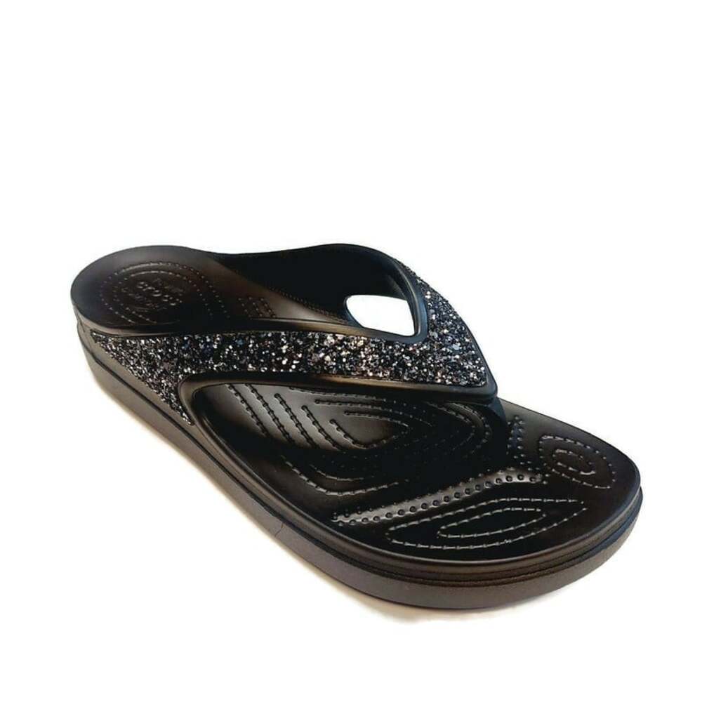 Black Glitter Crocs Sloane Wedge Flip Flops Womens Size 6 Sandals Shoes New